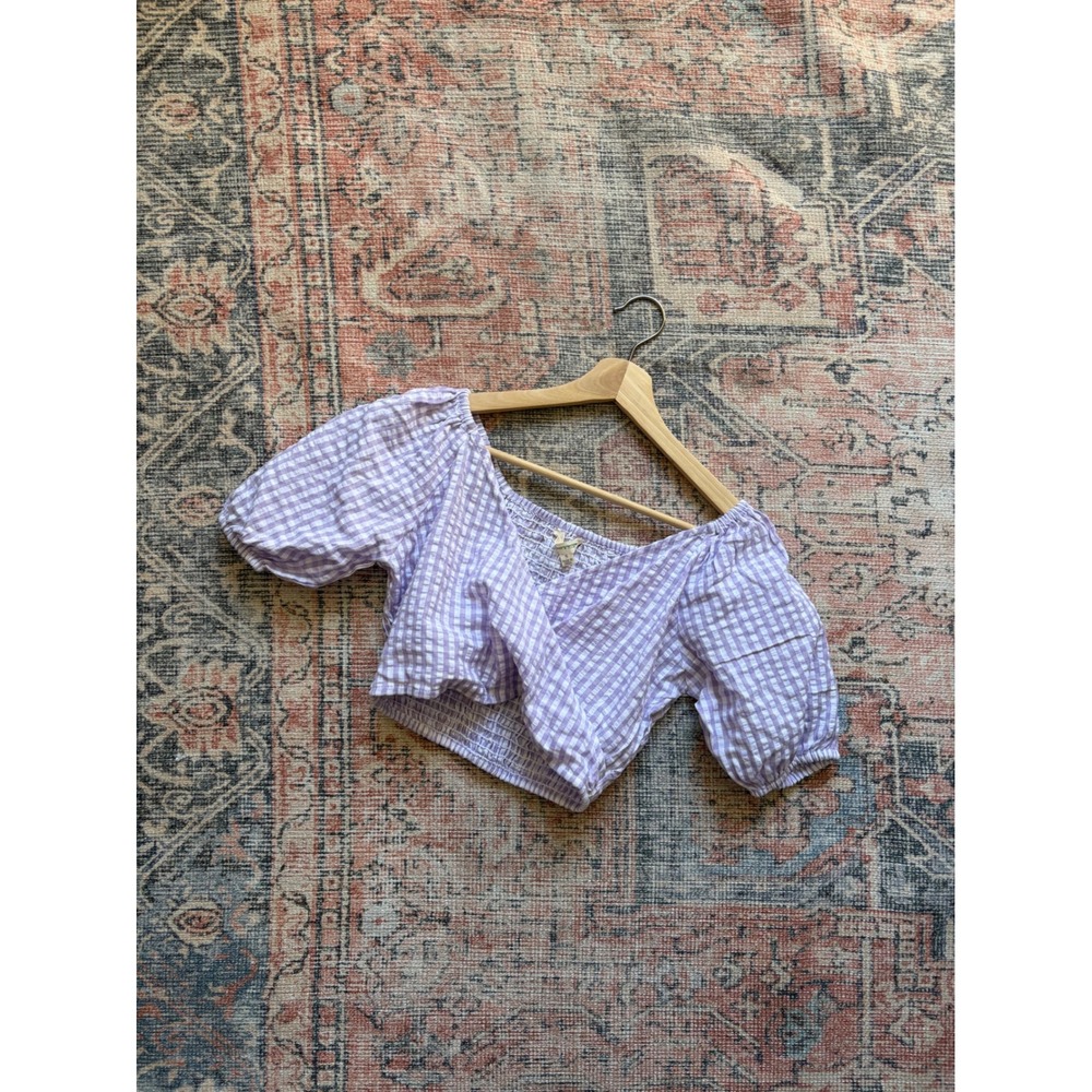 Sim & Sam Purple Gingham Crop Top Smocked Wrap Puff Sleeve Cotton Blouse NWT